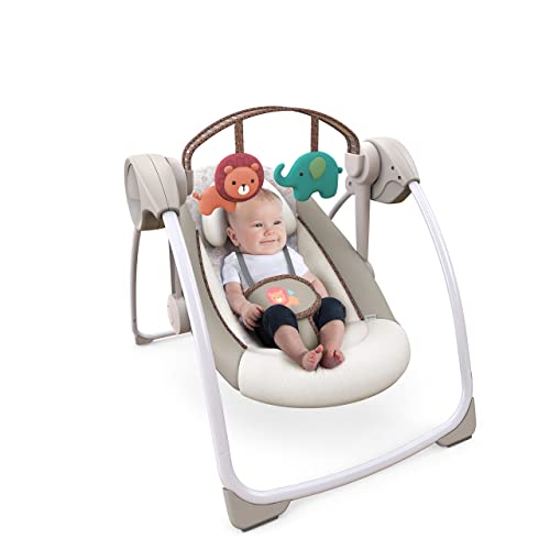 Ingenuity Soothe 'n Delight Compact Portable 6-Speed Plush Baby Swing with Music, Folds Easy, 0-9 Months 6-20 lbs (Cozy Kingdom)