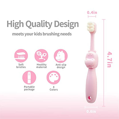 cosmama Kids Toothbrush 1 Pack,Soft Bristles Toothbrush for Toddlers & Little Children Aged 2-6, Manual Toothbrushes with Fun Hippo Shape for 360 Degree Cleaning, Gifts for Kids’ Birthday (Pink)