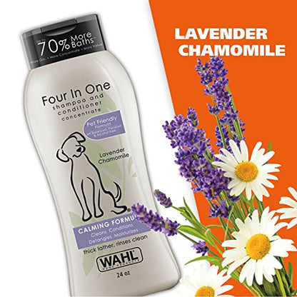 Wahl 4-in-1 Calming Pet Shampoo for Dogs – Cleans, Conditions, Detangles, & Moisturizes with Lavender Chamomile - Pet Friendly Formula - 24 Oz - Model 820000A