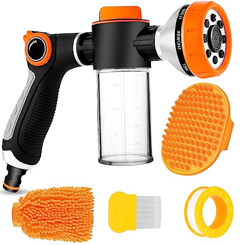 Upgrade Pup Jet Dog Wash, 8 in 1 Dog Wash Hose Attachment with Soap Dispenser, Dog Bath Hose Attachment with Pet Bath Brush Car Wash Mitt and Dog Comb for Watering Plants, Lawn, Showering Pet