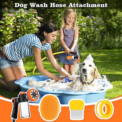 Upgrade Pup Jet Dog Wash, 8 in 1 Dog Wash Hose Attachment with Soap Dispenser, Dog Bath Hose Attachment with Pet Bath Brush Car Wash Mitt and Dog Comb for Watering Plants, Lawn, Showering Pet